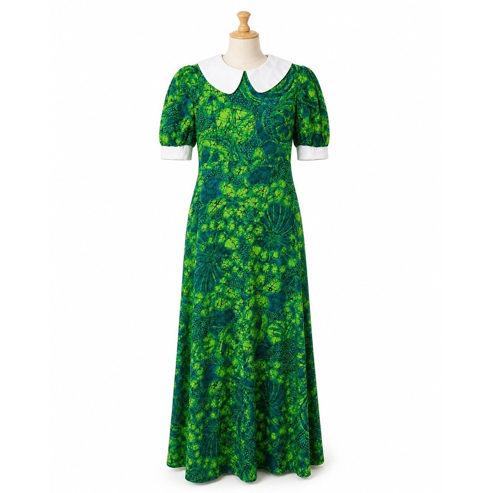 MC Hawaiian Textiles Vintage Green Floral Batik Maxi Dress Peter Pan Collar